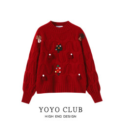 YOYO CLUB大碼復古新年毛衣女秋冬季新款穿搭上衣寬鬆針織衫外套