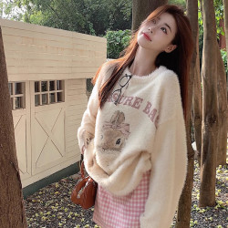 奶fufu杏色水貂絨毛衣女軟糯寬松可愛兔子針織衫套頭甜美上衣秋冬