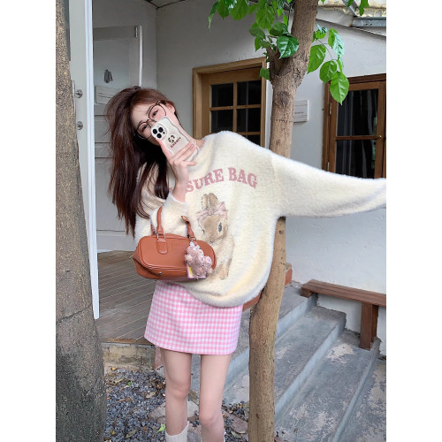 奶fufu杏色水貂絨毛衣女軟糯寬松可愛兔子針織衫套頭甜美上衣秋冬