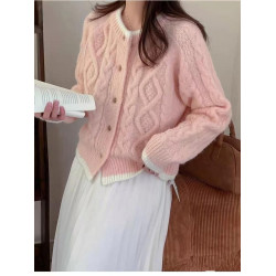 奶藍色浣熊絨麻花圓領毛衣外套女秋冬慵懶小個子加厚短款針織開衫