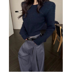 白色墊肩馬海毛套頭毛衣女秋冬修身收腰軟糯浣熊絨針織衫短款上衣