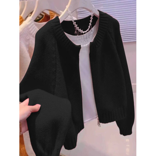 黑色百搭針織開衫女秋冬新款寬松洋氣上衣外搭軟糯短款毛衣外套厚