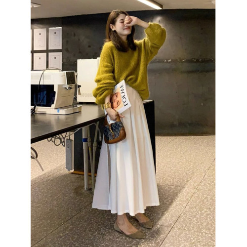 薑黃色軟糯毛衣女春秋外穿寬松慵懶高級感針織上衣半身裙兩件套裝 薑黃色軟糯毛衣女春秋外穿寬松慵懶高級感針織上衣半身裙兩件套裝