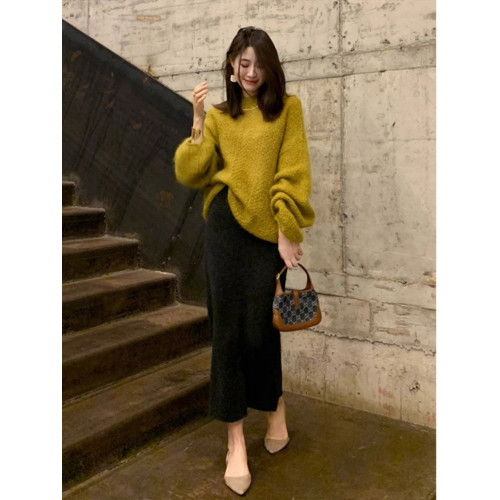 薑黃色軟糯毛衣女春秋外穿寬松慵懶高級感針織上衣半身裙兩件套裝 薑黃色軟糯毛衣女春秋外穿寬松慵懶高級感針織上衣半身裙兩件套裝