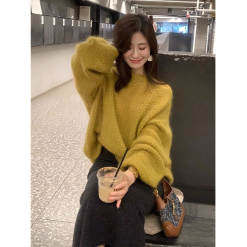 薑黃色軟糯毛衣女春秋外穿寬松慵懶高級感針織上衣半身裙兩件套裝 薑黃色軟糯毛衣女春秋外穿寬松慵懶高級感針織上衣半身裙兩件套裝