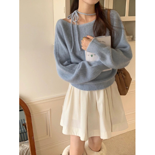 紫色不規則斜肩系帶毛衣2025早秋季新款女裝慵懶風露肩針織衫上衣