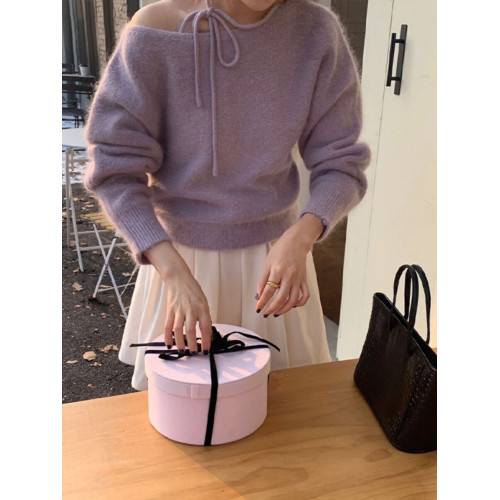 紫色不規則斜肩系帶毛衣2025早秋季新款女裝慵懶風露肩針織衫上衣