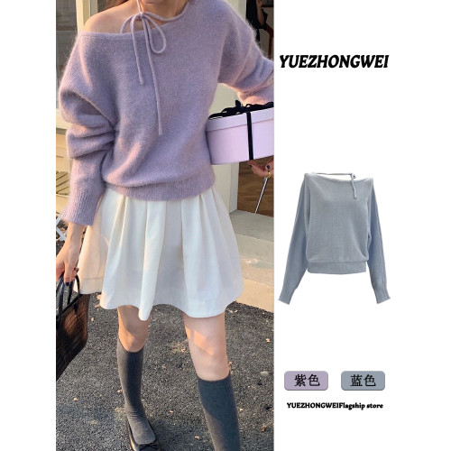 紫色不規則斜肩系帶毛衣2025早秋季新款女裝慵懶風露肩針織衫上衣