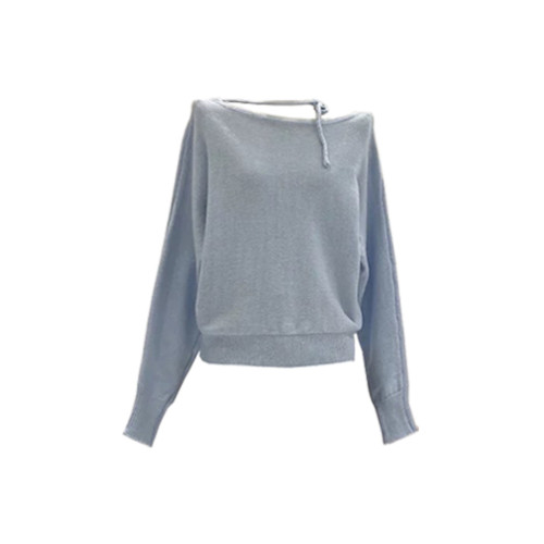 紫色不規則斜肩系帶毛衣2025早秋季新款女裝慵懶風露肩針織衫上衣