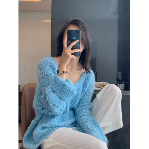 克萊因藍色馬海毛毛衣女早秋薄款寬松慵懶風V領勾花鏤空針織上衣 克萊因藍色馬海毛毛衣女早秋薄款寬松慵懶風V領勾花鏤空針織上衣