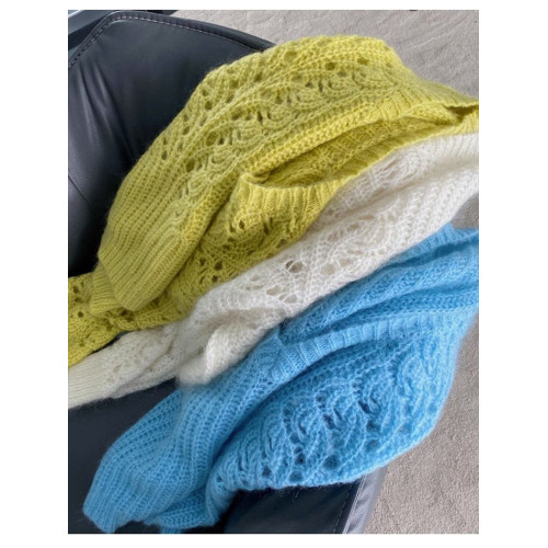 克萊因藍色馬海毛毛衣女早秋薄款寬松慵懶風V領勾花鏤空針織上衣 克萊因藍色馬海毛毛衣女早秋薄款寬松慵懶風V領勾花鏤空針織上衣