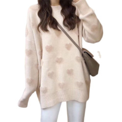 2023秋冬時尚款甜美愛心毛衣寬松慵懶風外穿水貂絨針織打底衫上衣