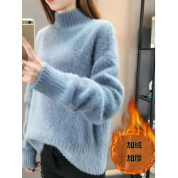 水貂絨半高領毛衣女秋冬季新款加絨加厚針織衫套頭上衣寬松打底衫