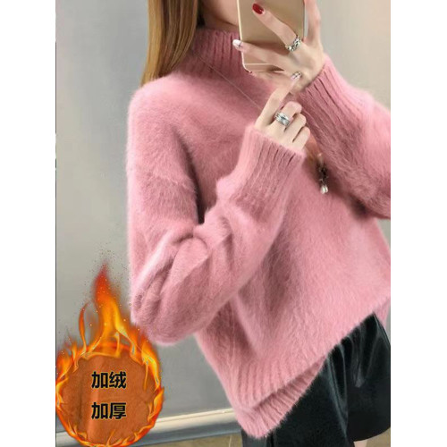 水貂絨半高領毛衣女秋冬季新款加絨加厚針織衫套頭上衣寬松打底衫