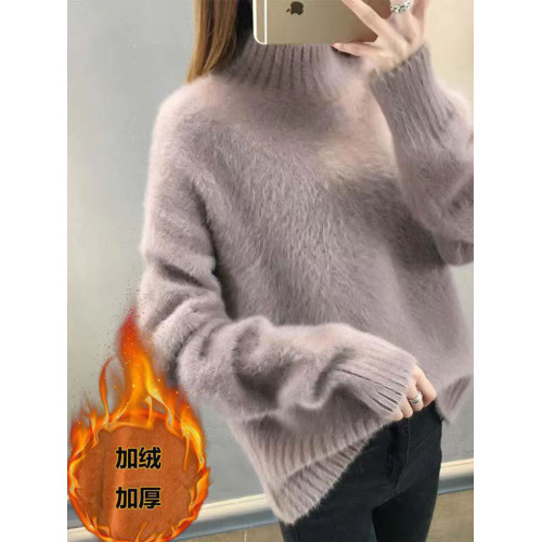 水貂絨半高領毛衣女秋冬季新款加絨加厚針織衫套頭上衣寬松打底衫