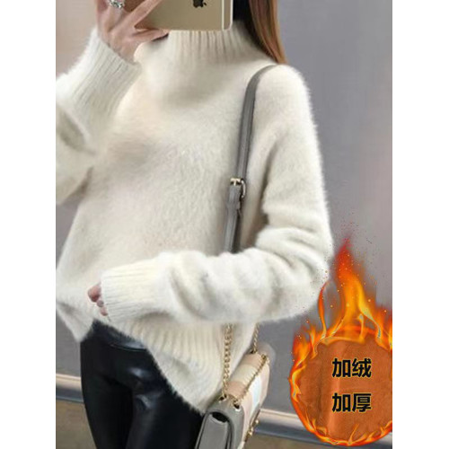 水貂絨半高領毛衣女秋冬季新款加絨加厚針織衫套頭上衣寬松打底衫