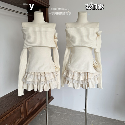 禮幌白色戀人~一字肩蝴蝶結毛衣女純欲修身針織上衣 禮幌白色戀人~一字肩蝴蝶結毛衣女純欲修身針織上衣