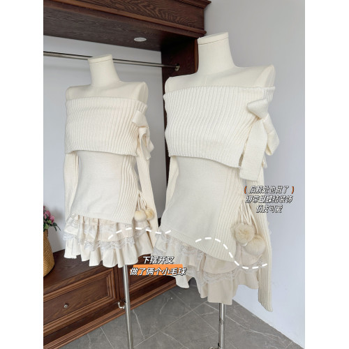 禮幌白色戀人~一字肩蝴蝶結毛衣女純欲修身針織上衣 禮幌白色戀人~一字肩蝴蝶結毛衣女純欲修身針織上衣