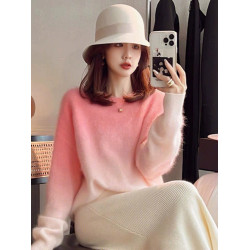 粉色水貂絨漸變毛衣女秋冬寬松慵懶風軟糯內搭加厚冬季打底針織衫