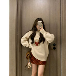 秋冬復古毛巾綉小熊套頭毛衣女寬松慵懶風重磅圓領針織打底衫上衣