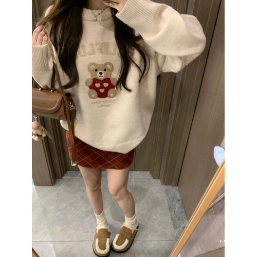 秋冬復古毛巾綉小熊套頭毛衣女寬松慵懶風重磅圓領針織打底衫上衣