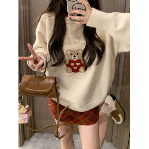 秋冬復古毛巾綉小熊套頭毛衣女寬松慵懶風重磅圓領針織打底衫上衣