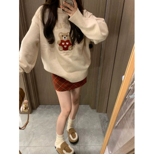 秋冬復古毛巾綉小熊套頭毛衣女寬松慵懶風重磅圓領針織打底衫上衣