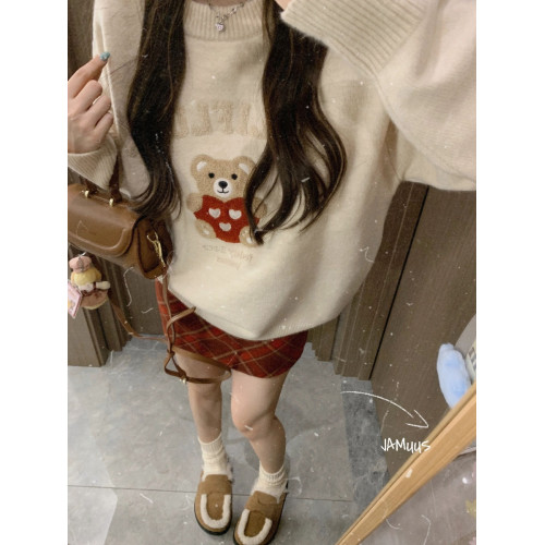 秋冬復古毛巾綉小熊套頭毛衣女寬松慵懶風重磅圓領針織打底衫上衣