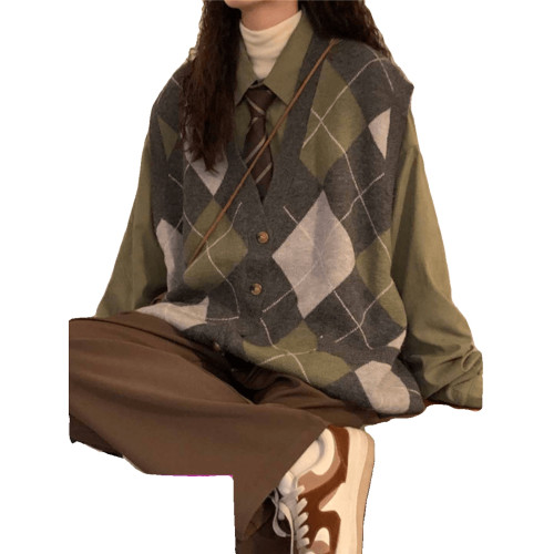 胖MM200斤特大碼套裝學院風拼色V領格子針織毛衣馬甲背心女領帶