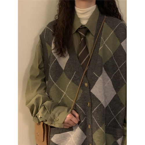 胖MM200斤特大碼套裝學院風拼色V領格子針織毛衣馬甲背心女領帶