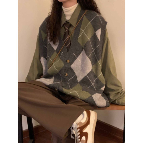 胖MM200斤特大碼套裝學院風拼色V領格子針織毛衣馬甲背心女領帶