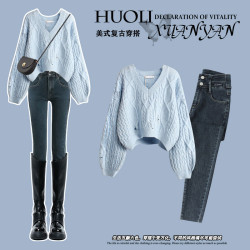 韓系秋冬穿搭慵懶白色v領毛衣女巨好看的冬裝一整套外穿針織上衣