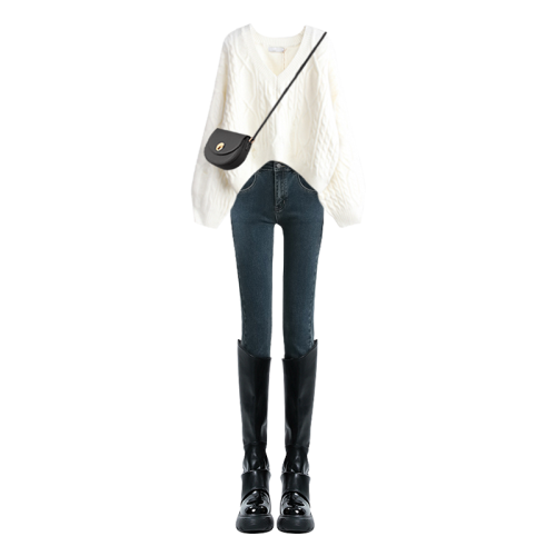 韓系秋冬穿搭慵懶白色v領毛衣女巨好看的冬裝一整套外穿針織上衣