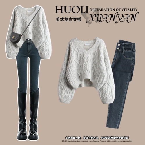 韓系秋冬穿搭慵懶白色v領毛衣女巨好看的冬裝一整套外穿針織上衣