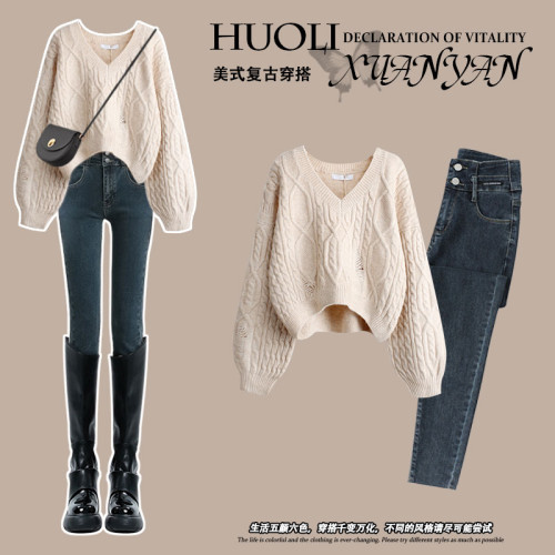 韓系秋冬穿搭慵懶白色v領毛衣女巨好看的冬裝一整套外穿針織上衣