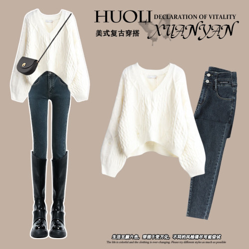 韓系秋冬穿搭慵懶白色v領毛衣女巨好看的冬裝一整套外穿針織上衣