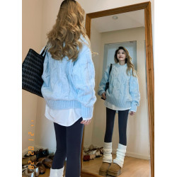 大碼胖MM秋冬慵懶風奶fufu麻花藍色毛衣女2025秋寬松加厚針織上衣