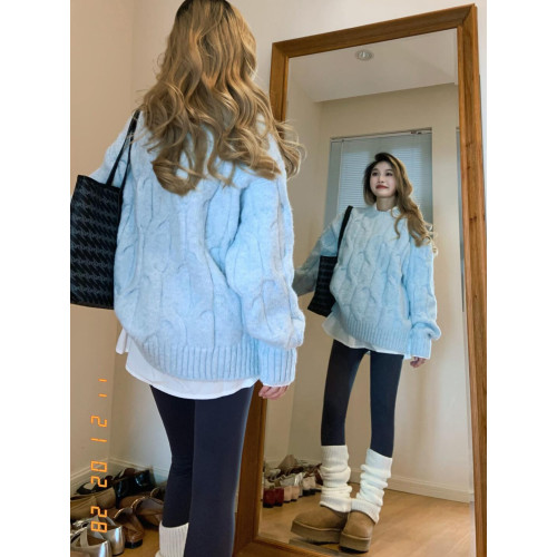 大碼胖MM秋冬慵懶風奶fufu麻花藍色毛衣女2025秋寬松加厚針織上衣 大碼胖MM秋冬慵懶風奶fufu麻花藍色毛衣女2025秋寬松加厚針織上衣