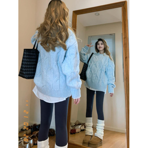 大碼胖MM秋冬慵懶風奶fufu麻花藍色毛衣女2025秋寬松加厚針織上衣 大碼胖MM秋冬慵懶風奶fufu麻花藍色毛衣女2025秋寬松加厚針織上衣