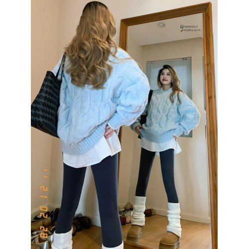 大碼胖MM秋冬慵懶風奶fufu麻花藍色毛衣女2025秋寬松加厚針織上衣 大碼胖MM秋冬慵懶風奶fufu麻花藍色毛衣女2025秋寬松加厚針織上衣