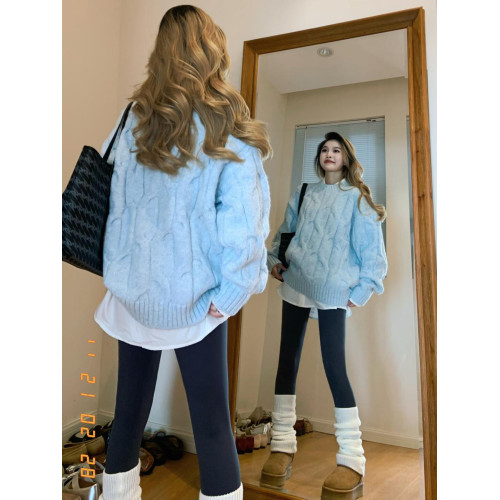 大碼胖MM秋冬慵懶風奶fufu麻花藍色毛衣女2025秋寬松加厚針織上衣 大碼胖MM秋冬慵懶風奶fufu麻花藍色毛衣女2025秋寬松加厚針織上衣