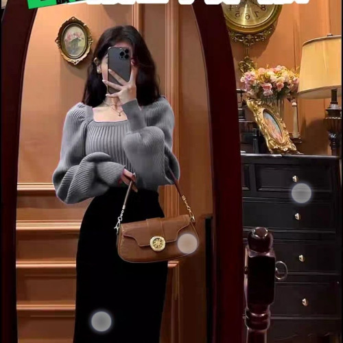 法式復古溫柔風方領打底毛衣女冬季內搭氣質針織上衣 法式復古溫柔風方領打底毛衣女冬季內搭氣質針織上衣