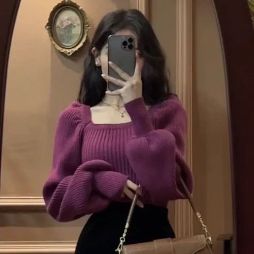 法式復古溫柔風方領打底毛衣女冬季內搭氣質針織上衣 法式復古溫柔風方領打底毛衣女冬季內搭氣質針織上衣