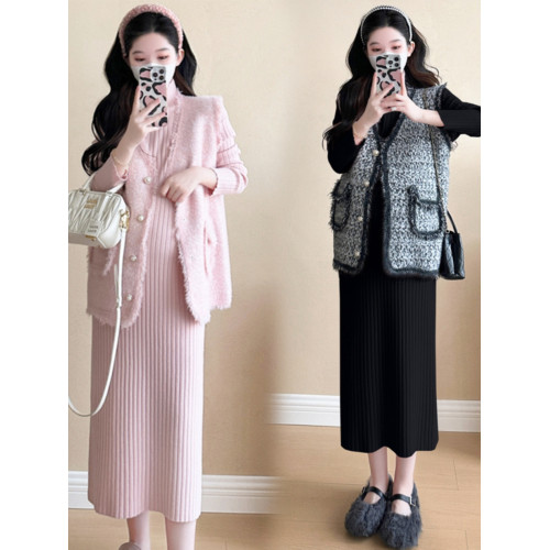 孕婦小香風粉色半高領針織連衣裙女秋冬高級感毛邊馬甲打底裙套裝 孕婦小香風粉色半高領針織連衣裙女秋冬高級感毛邊馬甲打底裙套裝