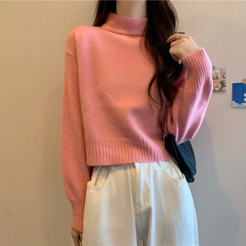 法式短款毛衣女秋冬小個子加厚內搭打底衫軟糯半高領套頭針織衫