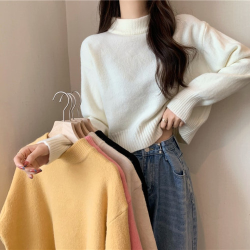 法式短款毛衣女秋冬小個子加厚內搭打底衫軟糯半高領套頭針織衫