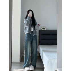 藍色毛衣外套女針織開衫學生國潮牌秋冬外穿拉鍊上衣通勤衛衣加厚