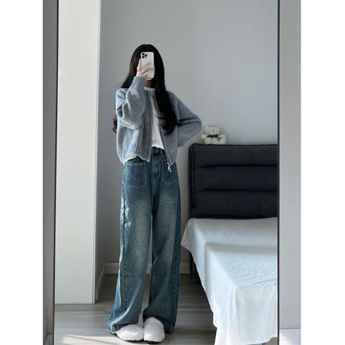 藍色毛衣外套女針織開衫學生國潮牌秋冬外穿拉鍊上衣通勤衛衣加厚