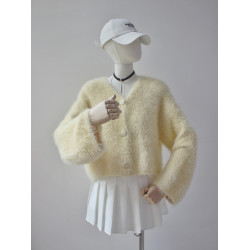 毛衫之都奶黃色仿水貂絨開衫毛衣外套短款奶fufu溫柔軟糯上衣女