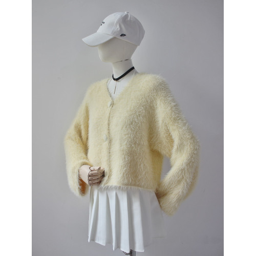 毛衫之都奶黃色仿水貂絨開衫毛衣外套短款奶fufu溫柔軟糯上衣女